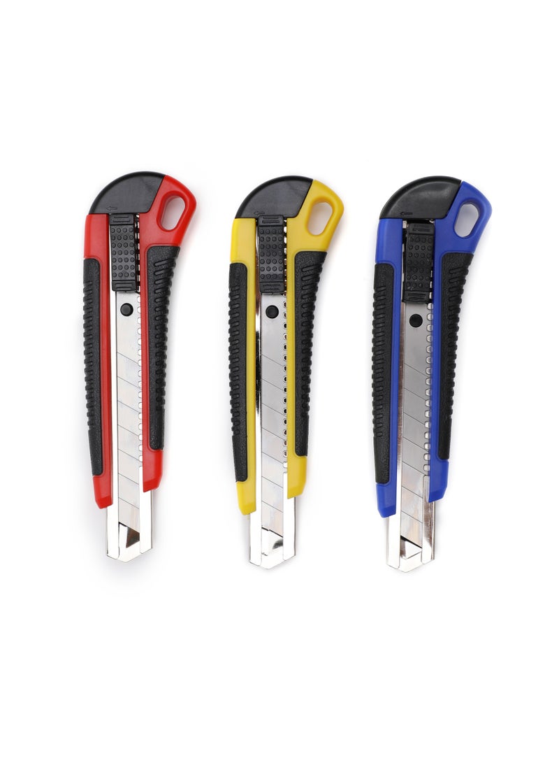BOTs and four dots 3 Pieces Paper Cutter 18mm snap off blades safety Paper Cutter Knife. (3 in Pack) Blue, Red, and Yellow, Retractable Utility Cutter.  - Image 4