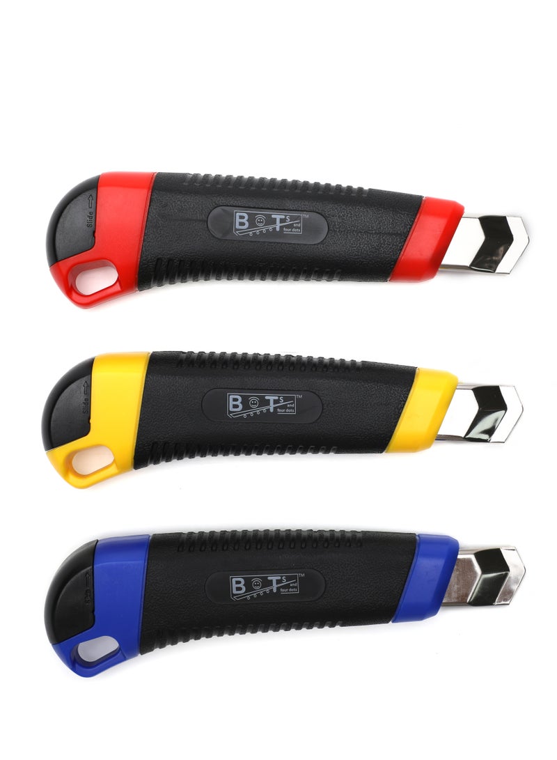 BOTs and four dots 3 Pieces Paper Cutter 18mm snap off blades safety Paper Cutter Knife. (3 in Pack) Blue, Red, and Yellow, Retractable Utility Cutter.  - Image 5