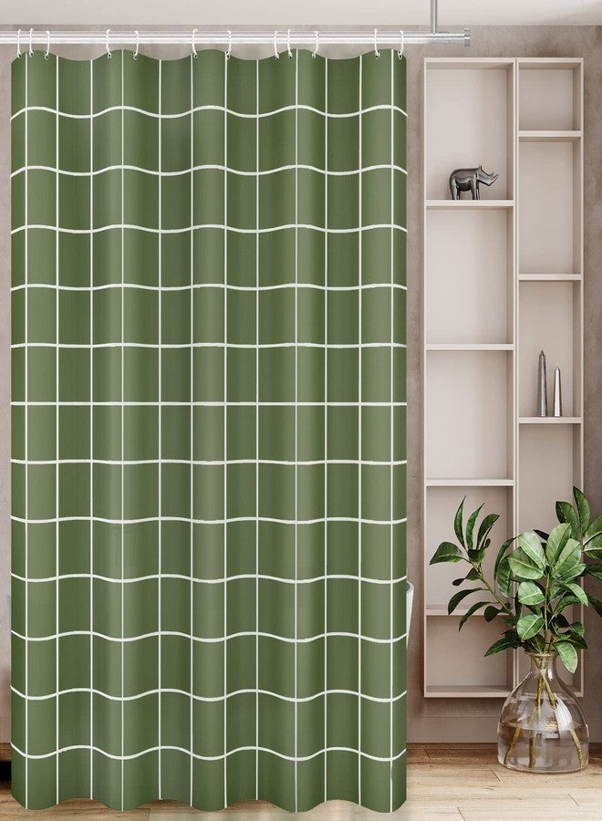 Tititex Net Olive Green Grid Plaid Minimalist Shower Curtain, White Line Simple Modern Shower Curtain Sets Decoration 71x71 Inch with Hooks - Image 2