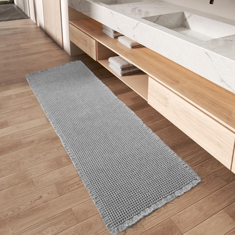AMOAMI Upgraded Waffle Runner Rug Super Absorbent Non Slip Bath Mats for Bathroom Machine Washable Bathroom Runner Rug with Tassels, Ideal for Hallway Bedroom Laundry Room, Light Grey, 2' x 6'(24" x 72") - Image 1