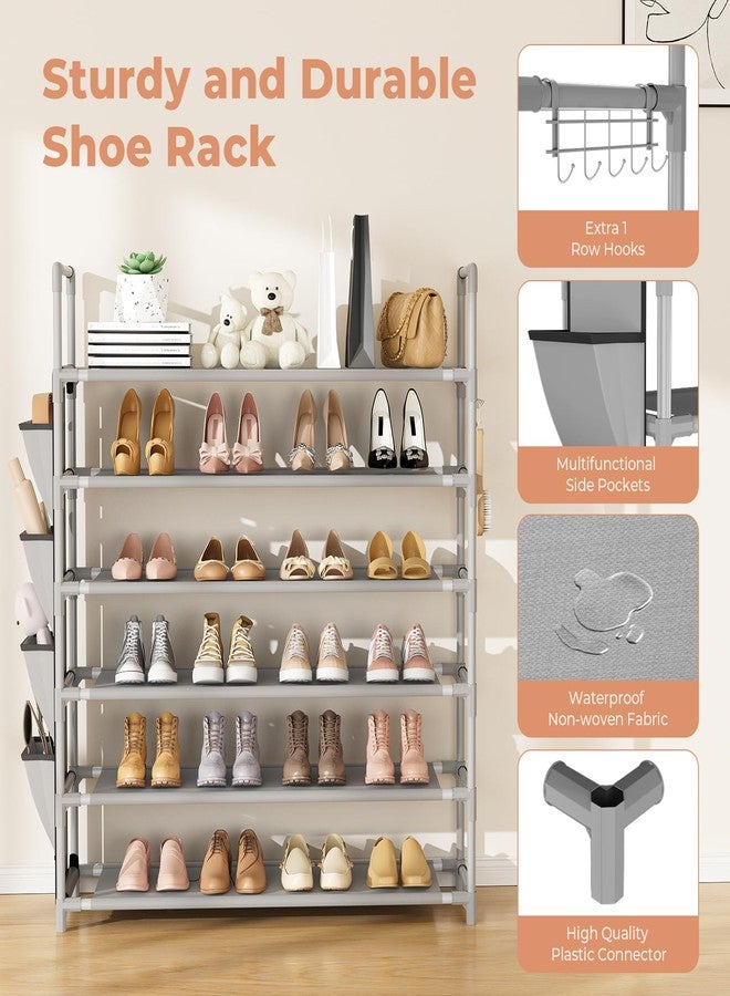 LANTEFUL 6 Tier Shoe Rack Storage for 24-30 Pairs Shoe and Boot, Shoe Organizer with Hook and Side Pocket Free Standing Long Shoe Shelf Tall Shoe Rack Organizer for Closet, Entryway, Dorm, Grey - Image 4