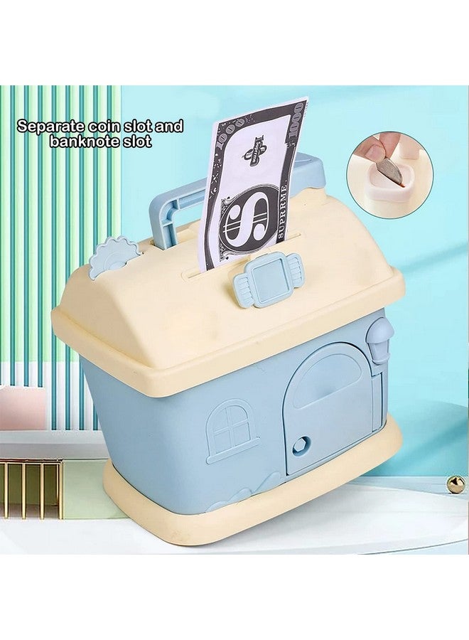 ويش كي حصالة نقود على شكل منزل من WISHKEY للأطفال، صندوق توفير نقود مع مقبض ومفاتيح، حصالة نقود لطيفة مع قفل، حصالة نقود حقيقية، هدية للأطفال (عبوة من قطعة واحدة، أزرق)، كوخ - Image 2