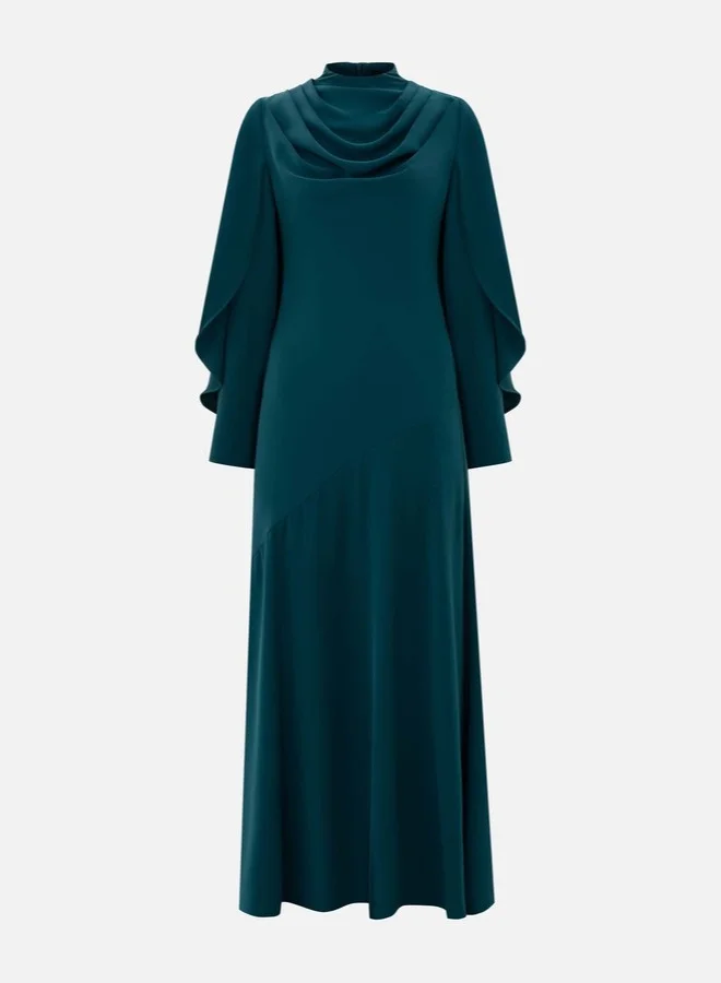 ليتشي Maxi dress with high collar and draped bodice
