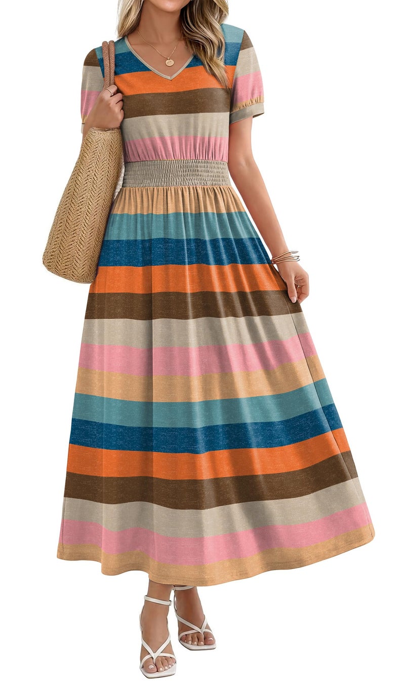 OFEEFAN Beach Maxi Dresses for Women Ladies Summer Midi Sundresses Long Dress Spring Beach Vacation Outfits Cruise Fashion Clothing 2026 Trendy Resort Wear A Line Flowy Western Striped L - Image 1