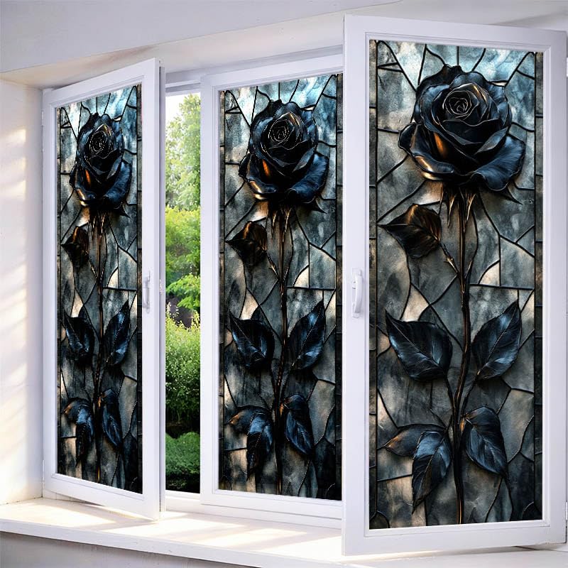 IVN Privacy Window Film Stained Glass Window Cling Blue Rose Design Static Cling Glass Film for Bathroom Kitchen Door Panel 17.7 x 39.3 Inch - Image 1