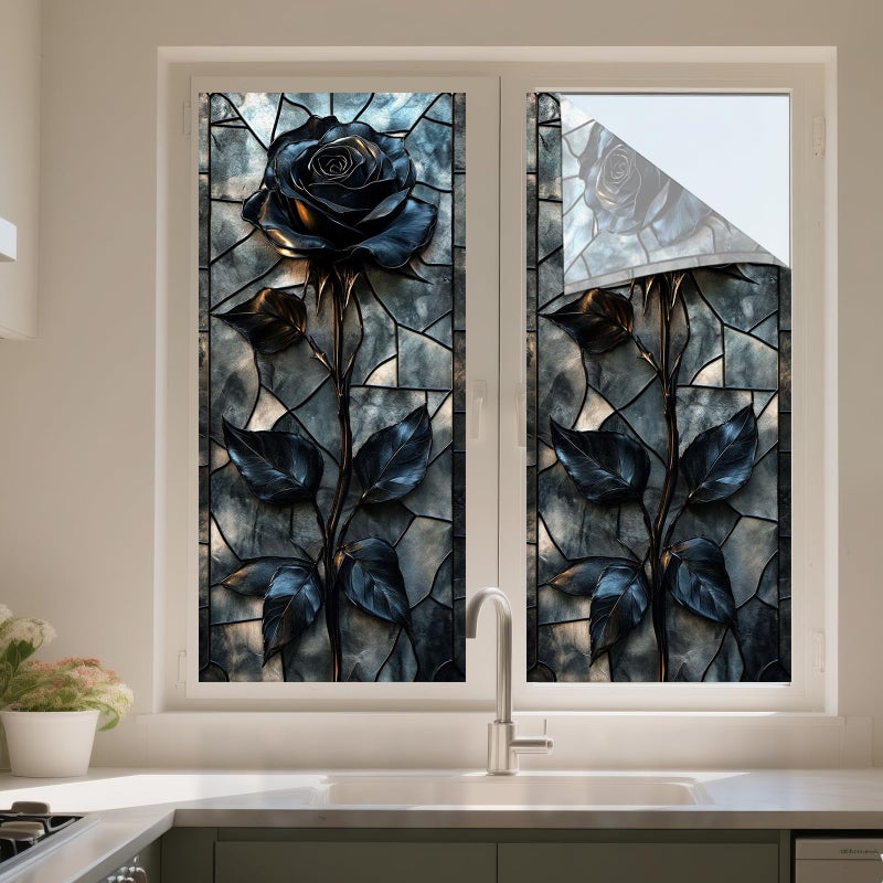 IVN Privacy Window Film Stained Glass Window Cling Blue Rose Design Static Cling Glass Film for Bathroom Kitchen Door Panel 17.7 x 39.3 Inch - Image 5
