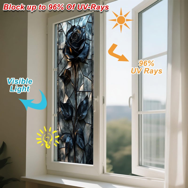 IVN Privacy Window Film Stained Glass Window Cling Blue Rose Design Static Cling Glass Film for Bathroom Kitchen Door Panel 17.7 x 39.3 Inch - Image 4