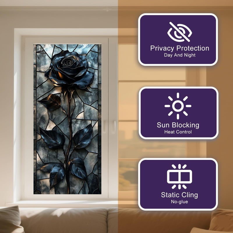IVN Privacy Window Film Stained Glass Window Cling Blue Rose Design Static Cling Glass Film for Bathroom Kitchen Door Panel 17.7 x 39.3 Inch - Image 2