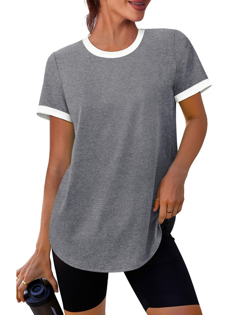 SAMPEEL Short Sleeve Shirts for Women Moisture Wicking Workout Yoga Tops Casual Sun Protection Fitness Clothing Plus Size Summer Outfits Rash Guard Curved Hem T Shirts Dry Fit Grey XL - Image 1