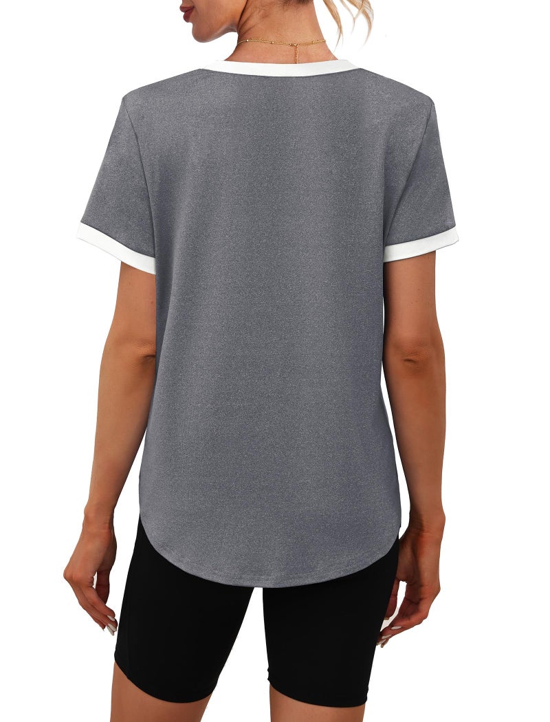 SAMPEEL Short Sleeve Shirts for Women Moisture Wicking Workout Yoga Tops Casual Sun Protection Fitness Clothing Plus Size Summer Outfits Rash Guard Curved Hem T Shirts Dry Fit Grey XL - Image 5