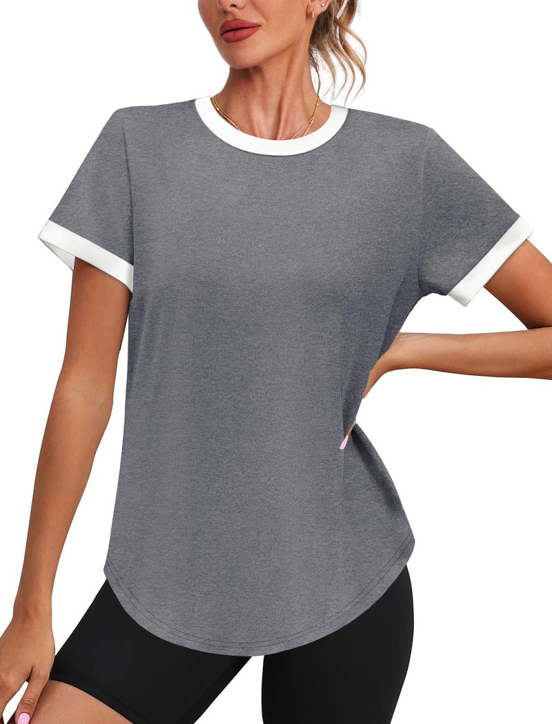 SAMPEEL Short Sleeve Shirts for Women Moisture Wicking Workout Yoga Tops Casual Sun Protection Fitness Clothing Plus Size Summer Outfits Rash Guard Curved Hem T Shirts Dry Fit Grey XL - Image 2