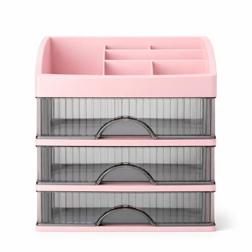 HoopVool® Countertop Organizer with Drawers Plastic Storage for Makeup Brush,Hair Accessories,Jewelry,Skincare Vanity Display, Skin Care Products, Office Desk Organizer (Pink, Layer-3) - Image 1