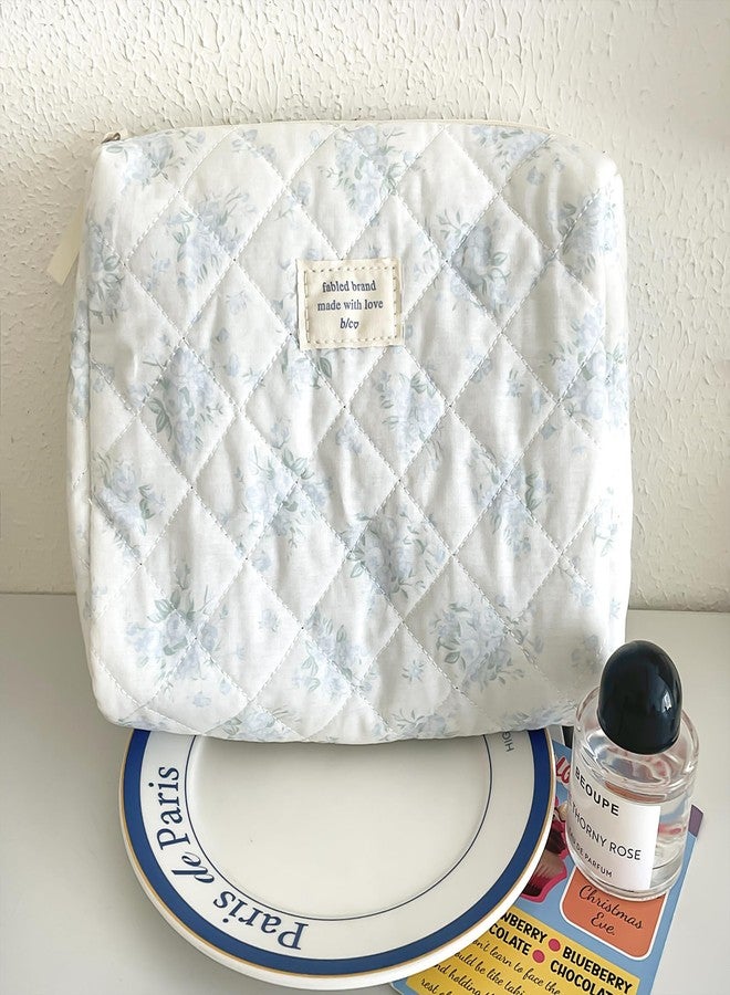 Sminra Makeup Bag Large Travel Quilted Cosmetic Makeup Bag Organizer, Floral Cotton Coquette Aesthetic Toiletry Bag for Women Girls (Blue Romantic Rose) - Image 3