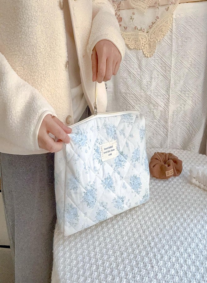 Sminra Makeup Bag Large Travel Quilted Cosmetic Makeup Bag Organizer, Floral Cotton Coquette Aesthetic Toiletry Bag for Women Girls (Blue Romantic Rose) - Image 4