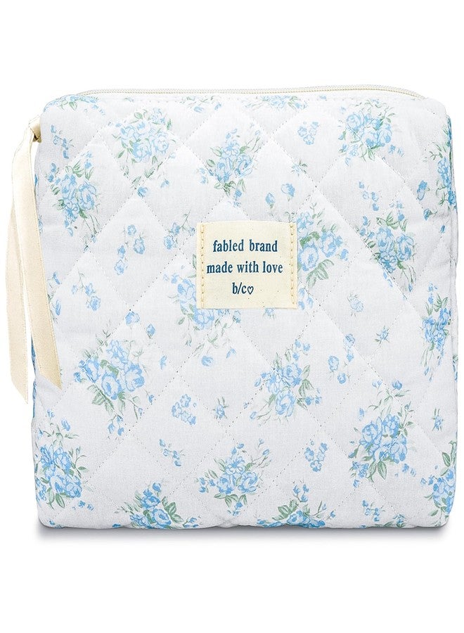 Sminra Makeup Bag Large Travel Quilted Cosmetic Makeup Bag Organizer, Floral Cotton Coquette Aesthetic Toiletry Bag for Women Girls (Blue Romantic Rose) - Image 1