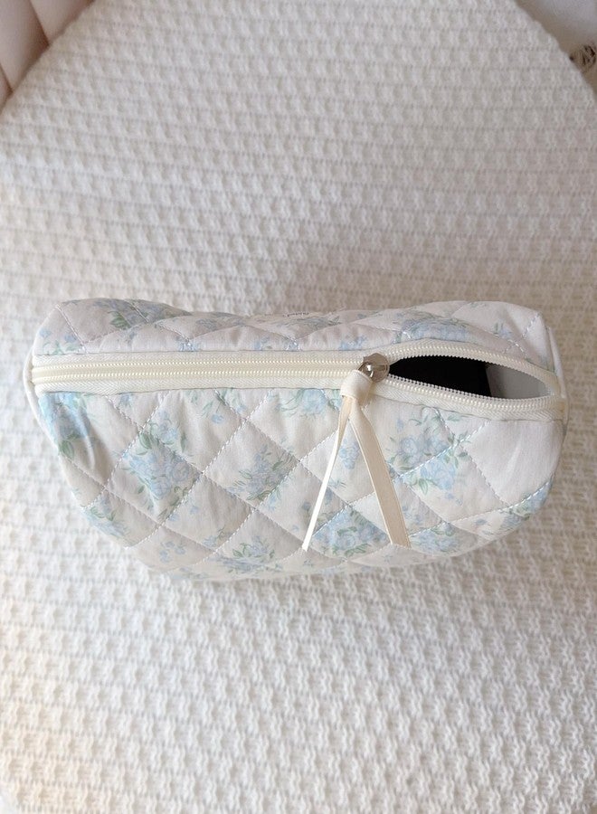 Sminra Makeup Bag Large Travel Quilted Cosmetic Makeup Bag Organizer, Floral Cotton Coquette Aesthetic Toiletry Bag for Women Girls (Blue Romantic Rose) - Image 5