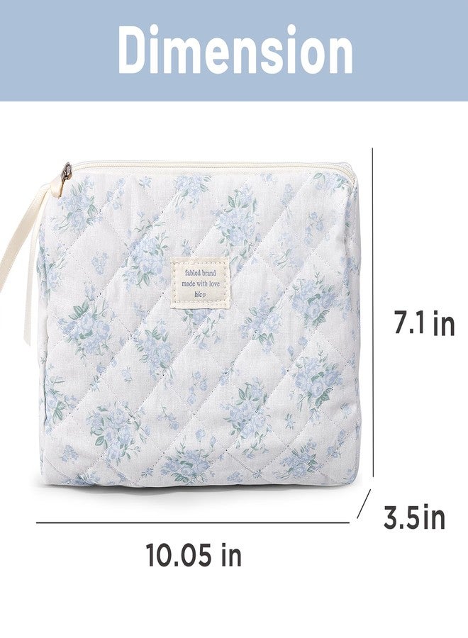 Sminra Makeup Bag Large Travel Quilted Cosmetic Makeup Bag Organizer, Floral Cotton Coquette Aesthetic Toiletry Bag for Women Girls (Blue Romantic Rose) - Image 2