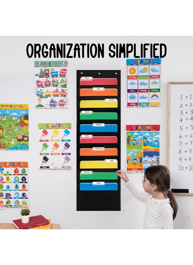 Essex Wares - 10 Pocket File Pocket Chart, Black, 14" Wide X 47" Tall - Versatile Wall Hanging File Folder Organizer For Classroom, Office, Home, And More - Wall Folder Organizer - 10 Pockets  - Image 4