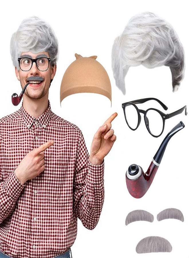 Old Man Costume Set 6 Pcs Grandpa Wig Costume Kit Cosplay Costume Set Including Wig Cap and Wig Glasses Fake Beard Faux Eyebrows Pipe for Cosplay Costume Party Props Masquerade Accessories