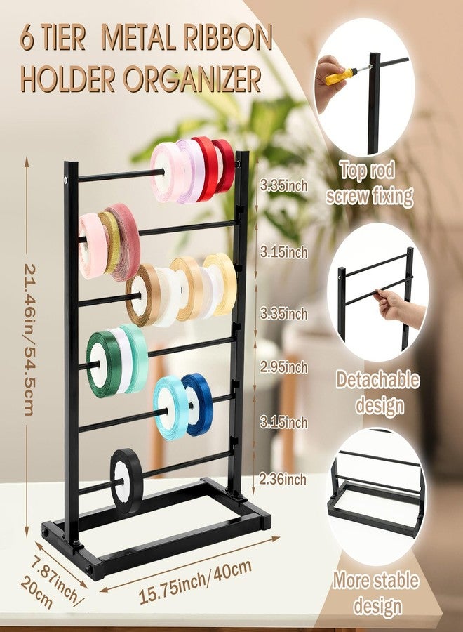 Menkxi 6 Tier Metal Ribbon Holder Organizer Rack Christmas Ribbon Rack Display Shelf Spool Holder Storage Organizer for Sewing Craft Thread Tape Wreath Crochet Roll Flower Store Wrapping Gift(Black) - Image 2