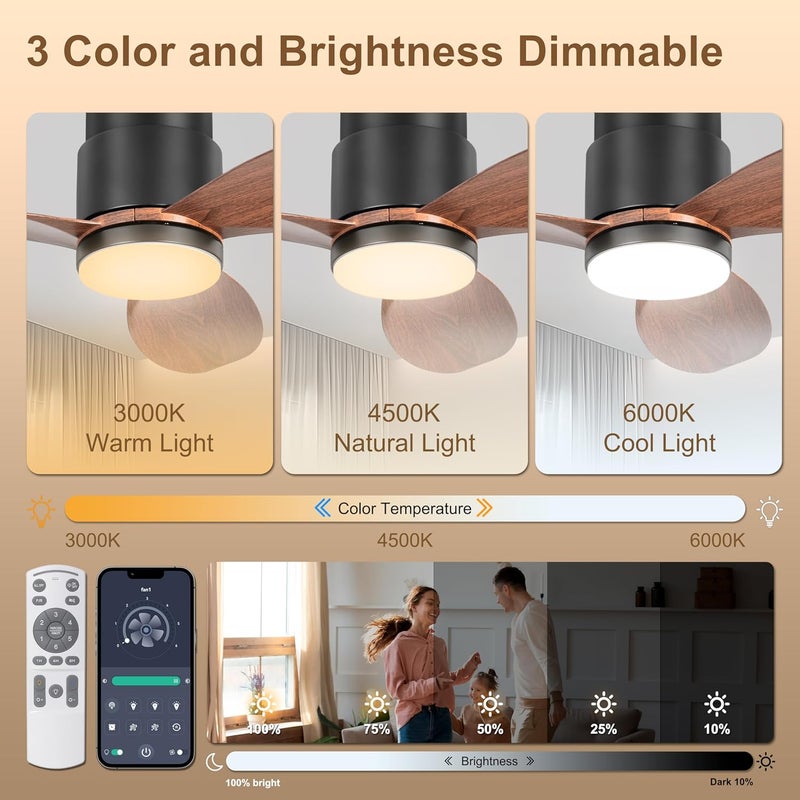 Ohniyou 42'' Low Profile Ceiling Fans with Lights, Remote/App Control, Dimmable, Quiet Indoor/Outdoor Ceiling Fan for Covered Patio, Bedroom, Kitchen, Walnut Color - Image 2