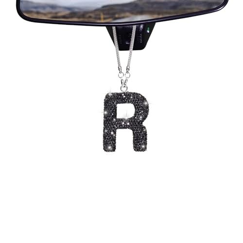 ToBeQueen Colorful Bling Letter R Car Hanging Ornament, Diamond Crystal Rhinestone Letter Pendant, Cute Lucky Hanging Ornament Women Car Mirror Hanging Accessories for Women(Black,R) - Image 1