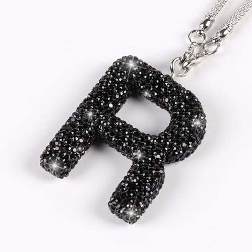 ToBeQueen Colorful Bling Letter R Car Hanging Ornament, Diamond Crystal Rhinestone Letter Pendant, Cute Lucky Hanging Ornament Women Car Mirror Hanging Accessories for Women(Black,R) - Image 3
