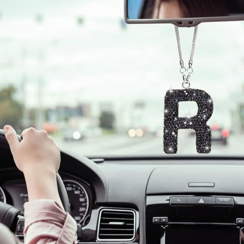 ToBeQueen Colorful Bling Letter R Car Hanging Ornament, Diamond Crystal Rhinestone Letter Pendant, Cute Lucky Hanging Ornament Women Car Mirror Hanging Accessories for Women(Black,R) - Image 4