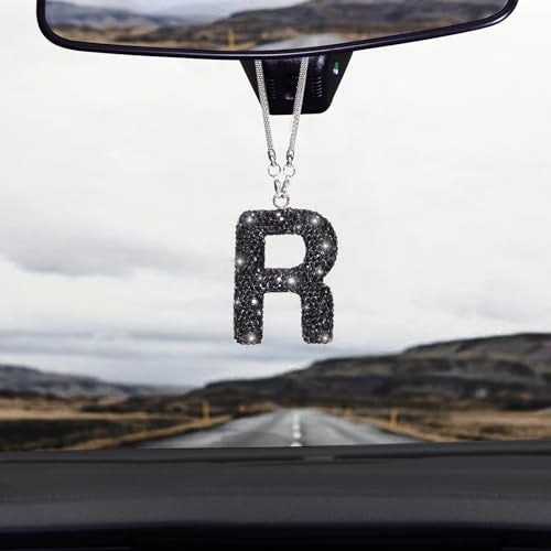 ToBeQueen Colorful Bling Letter R Car Hanging Ornament, Diamond Crystal Rhinestone Letter Pendant, Cute Lucky Hanging Ornament Women Car Mirror Hanging Accessories for Women(Black,R) - Image 2