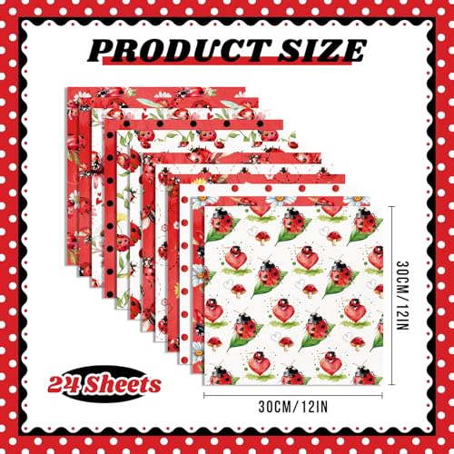 Feivando 24 Sheets Ladybug Scrapbook Paper 12'' × 12'' Double-Sided Red Ladybug Pattern Paper Insect Flower Decorative Decoupage Cardstock for DIY Card Craft Making Scrapbook Supplies - Image 2