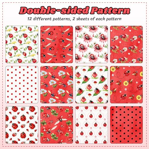 Feivando 24 Sheets Ladybug Scrapbook Paper 12'' × 12'' Double-Sided Red Ladybug Pattern Paper Insect Flower Decorative Decoupage Cardstock for DIY Card Craft Making Scrapbook Supplies - Image 3