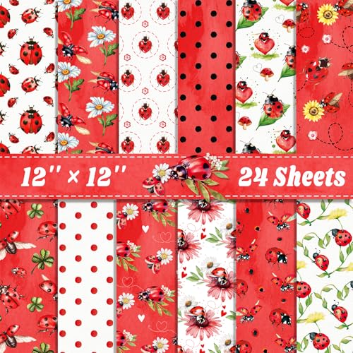 Feivando 24 Sheets Ladybug Scrapbook Paper 12'' × 12'' Double-Sided Red Ladybug Pattern Paper Insect Flower Decorative Decoupage Cardstock for DIY Card Craft Making Scrapbook Supplies - Image 1