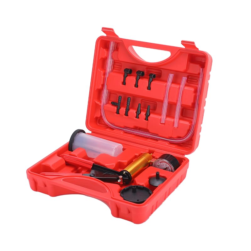 ZJERYL GULL 2 in 1 Brake Bleeder Kit with Hand Vacuum Pump with Gauge Adapters Automotive Brake Fluid Bleeding Set with Protected Case for Car Truck Red
