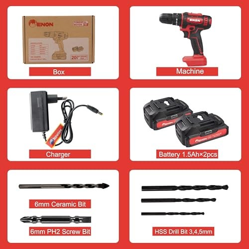 Enon Cordless Impact Drill/Driver for Home Use, 20V, 1500RPM, 22NM Torque, Keyless Chuck 10mm, 25 Level Torque, 2 Speed Modes, 3 Setting Modes, 2 x 1500mAh Batteries, 6 Months Warranty (XE-CD2010) - Image 5