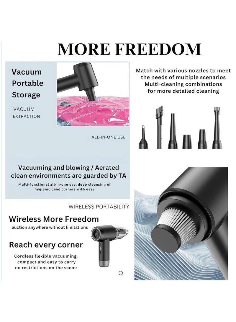 تشانجلي مكنسة كهربائية لاسلكية للسيارة ومكنسة هوائية ،مكنسة كهربائية محمولة بقوة 12000PA ومحرك بدون فرشات وبطارية 4000 mAh ومطرقة أمان ،فوهات متعددة محمولة للسيارة واللوحة المفاتيح والمنزل والمكتب والمطبخ - Image 2