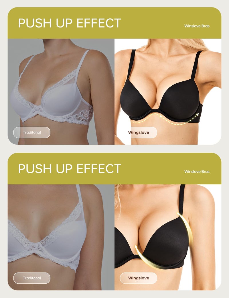 Wingslove Women's Push Up Bra Deep V Plunge Underwire T-Shirt Bra Multiway 2 Cups Up (Black,36DD) - Image 2
