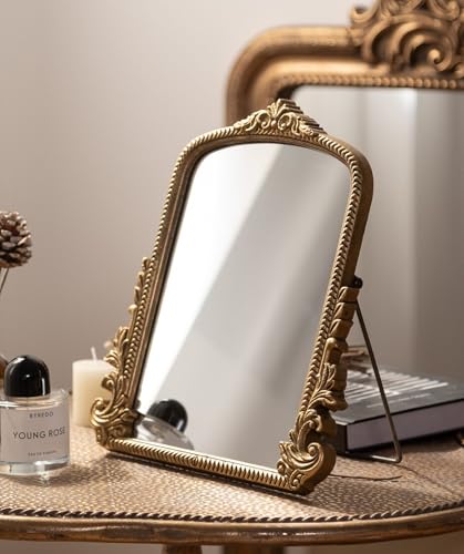 TenFuju Small Gold Vintage Vanity Mirror, Antique Gold Wooden Framed Standing Tabletop Mirror, Traditional Chic Arch Makeup Mirror for Living Room, Bedroom, Bathroom, or Office Decor, 11.8" x 9.6" - Image 4