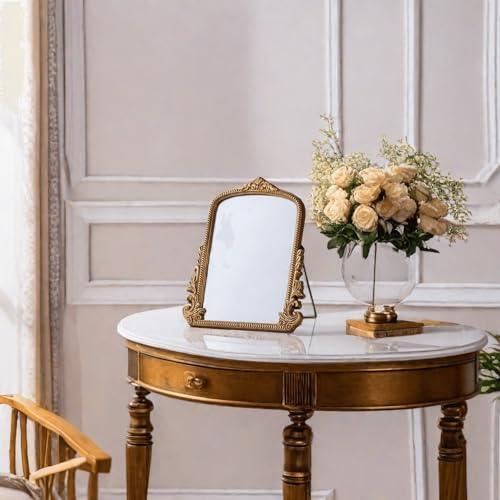 TenFuju Small Gold Vintage Vanity Mirror, Antique Gold Wooden Framed Standing Tabletop Mirror, Traditional Chic Arch Makeup Mirror for Living Room, Bedroom, Bathroom, or Office Decor, 11.8" x 9.6" - Image 2