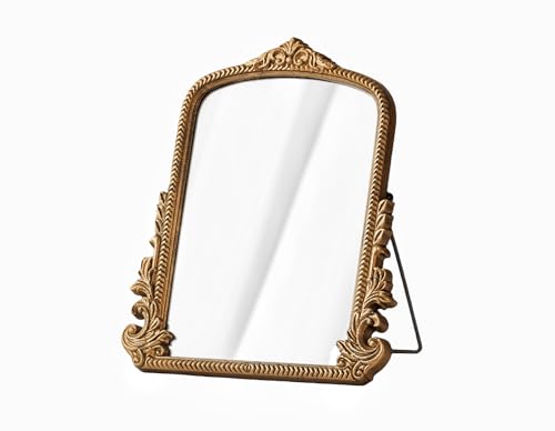 TenFuju Small Gold Vintage Vanity Mirror, Antique Gold Wooden Framed Standing Tabletop Mirror, Traditional Chic Arch Makeup Mirror for Living Room, Bedroom, Bathroom, or Office Decor, 11.8" x 9.6" - Image 1