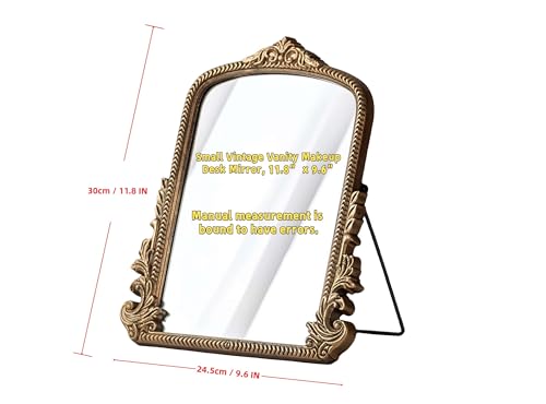 TenFuju Small Gold Vintage Vanity Mirror, Antique Gold Wooden Framed Standing Tabletop Mirror, Traditional Chic Arch Makeup Mirror for Living Room, Bedroom, Bathroom, or Office Decor, 11.8" x 9.6" - Image 5