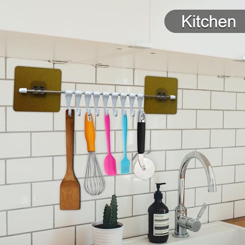 Eightiz Premium Self Adhesive Kitchen Accessories Items Organizer Rack Stand, Wall Hanging Hooks Strong Without Drilling (9 Hooks), Stainless Steel - Image 3