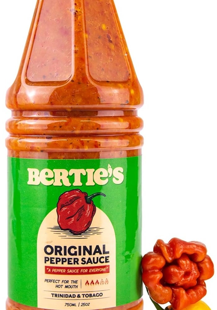 Bertie's Original Pepper Sauce - 750ml Bottle with Trinidad Moruga Red and Scotch Bonnet Peppers - Image 1