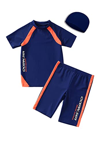 KID1234 Kids Boys Swimsuits UPF50+UV Swimwear Set Two Piece Rash Guard with hat for 4-14 Years Blue - Image 4