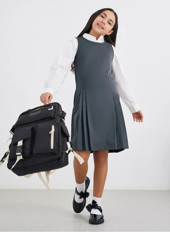 Styli Styli Girls Grey Fold Pleat Detail Pinafore Dress