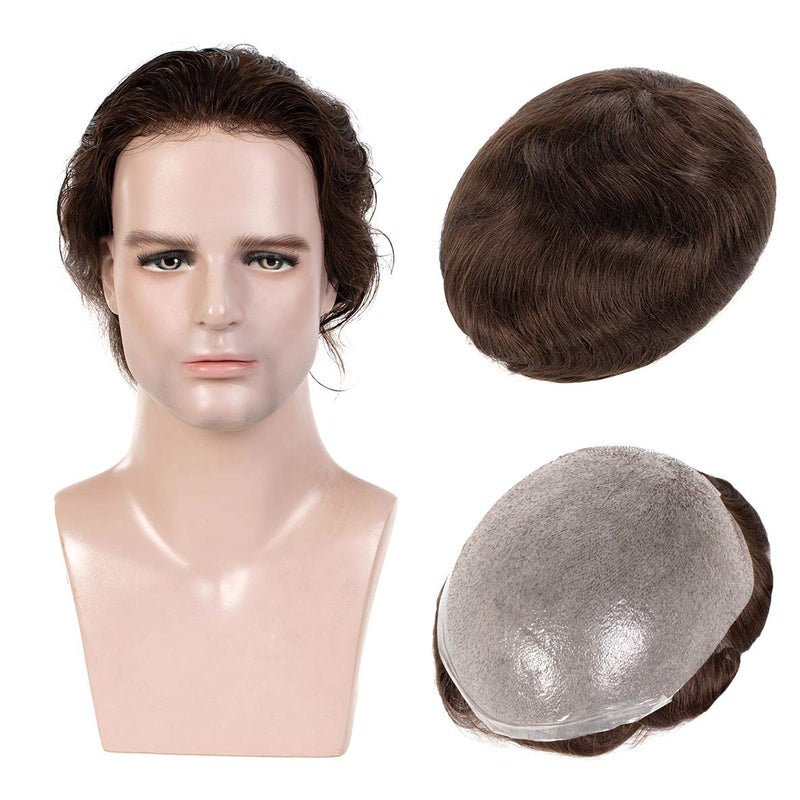 Amiable Mens Toupee Human Hair with Soft Thin Skin V-looped Hair System real Human Hair Pieces Replacement toupee for Men 0.06mm mens Hair 8 x 10 Inches Dark Brown #2 Color