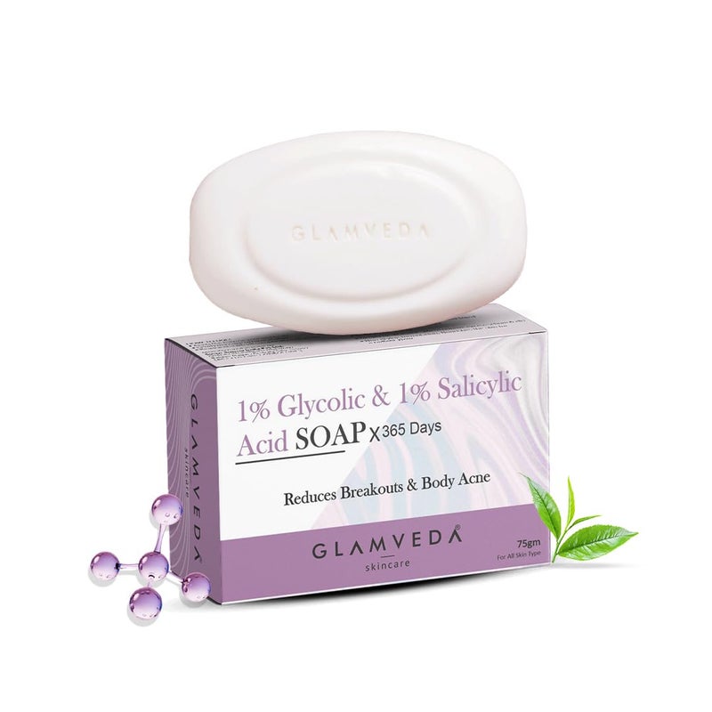 Glamveda صابون جلامفيدا المضاد لحب الشباب 1 ww حمض الجليكوليك 1 ww حمض الساليسيليك يقلل البقع الداكنة وآثار حب الشباب وفرط التصبغ 75 جرام عبوة من 1 - Image 1