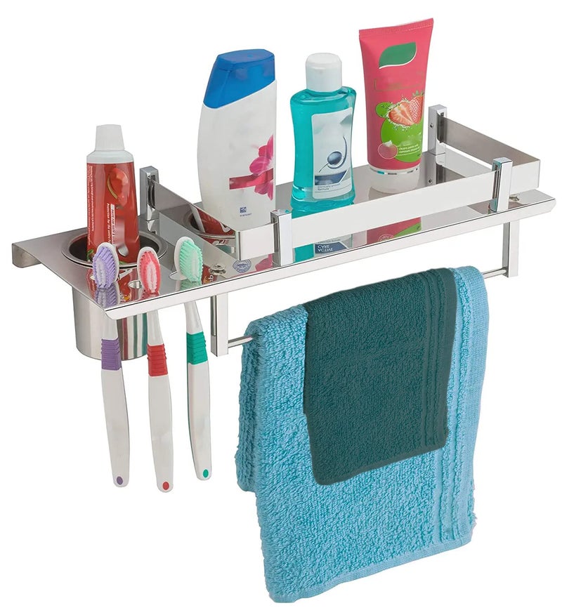 HANDY Bathroom Accessories Stainless Steel All in One Multipurpose Bathroom Shelf with Toothbrush Holder and Towel Rod All in One Item 14 x 5 inch - Image 1