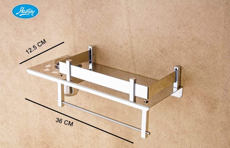 HANDY Bathroom Accessories Stainless Steel All in One Multipurpose Bathroom Shelf with Toothbrush Holder and Towel Rod All in One Item 14 x 5 inch - Image 3