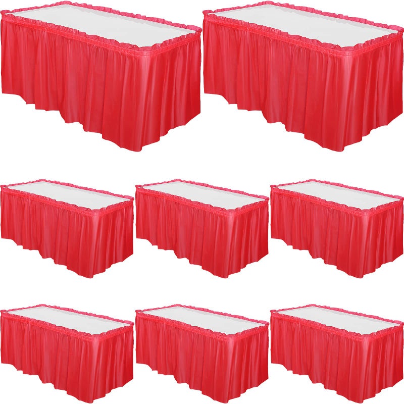 Tegeme Tegeme 8 Pieces 29 in x 14 ft Plastic Table Skirts for Rectangle Tables Disposable Ruffle Table Skirts with Adhesive Strip for Party Wedding Reception Birthday baby shower Red
