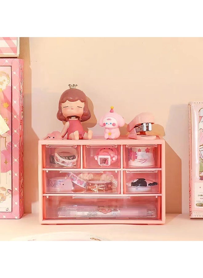 منظم المكتب مع 6 درجات ، صندوق تخزين المكتب ، صندوق تنظيم المكتب ، صندوق مستحضرات التجميل ، صندوق بلاستيك شفاف مقاوم للغبار وملصقات جميلة (الوردي) - Image 3